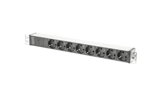 DIGITUS aluminum outlet strip with pre-fuse, 8 safety outlets, 2 m supply IEC C14 plug 