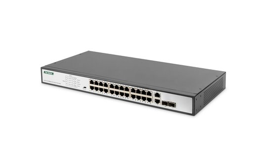 DIGITUS 24-Port Fast Ethernet PoE Networkswitch, 19 Zoll, unmanaged,2 Uplink Ports, SFP, 370 W, af/at 