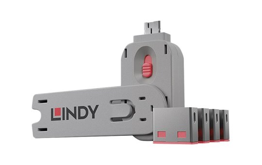 Lindy USB Port Locks 4x PINK+Key - Port blocker + key - USB Type-A - Pink - Acrylonitrile butadiene styrene (ABS) - 5 pc(s) - Polybag 