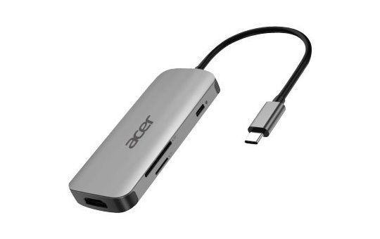 Acer 7in1 Type C port Hub - Wired - USB 3.2 Gen 2 (3.1 Gen 2) Type-C - 100 W - Silver - MicroSD (TransFlash) - SD - China 