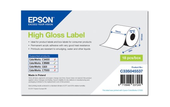 Epson High Gloss Label - Continuous Roll: 76mm x 33m - Gloss - Epson ColorWorks C7500G ColorWorks CW-C6500 ColorWorks CW-C6000Pe ColorWorks CW-C6000Ae ColorWorks... - 7.6 cm - 33 m - 1 pc(s) - 113 mm 