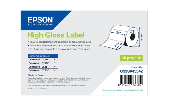 Epson High Gloss Label - Die-cut Roll: 76mm x 51mm - 610 labels - Gloss - Epson ColorWorks C7500G ColorWorks CW-C6500 ColorWorks CW-C6000Pe ColorWorks CW-C6000Ae... - 7.6 cm - 5.1 cm - 1 pc(s) - 113 mm 